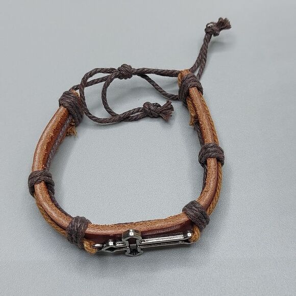 Cross Charm Brown Genuine Leather Adjustable Bracelet - Picture 2 of 4